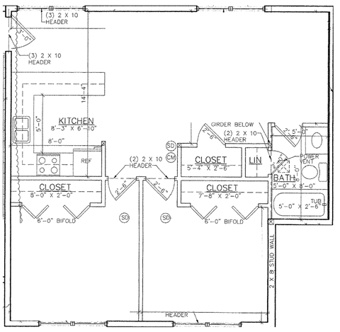 A black and white image of a floor plan for a kitchen and bathroom.